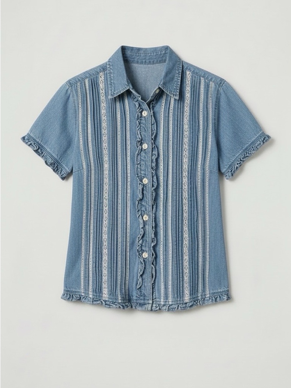 Vintage Casey & Max Denim Eyelet Lace Ruffle Blouse Top M. 
EUC